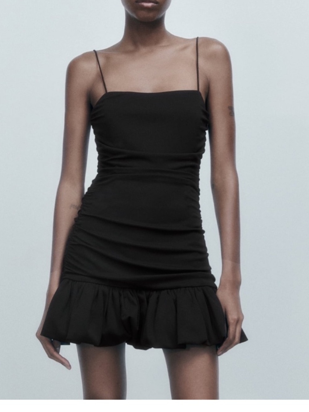 Zara Black Spaghetti-Strap Ruched Mini Dress with Ruffled Hem Size M NWT
